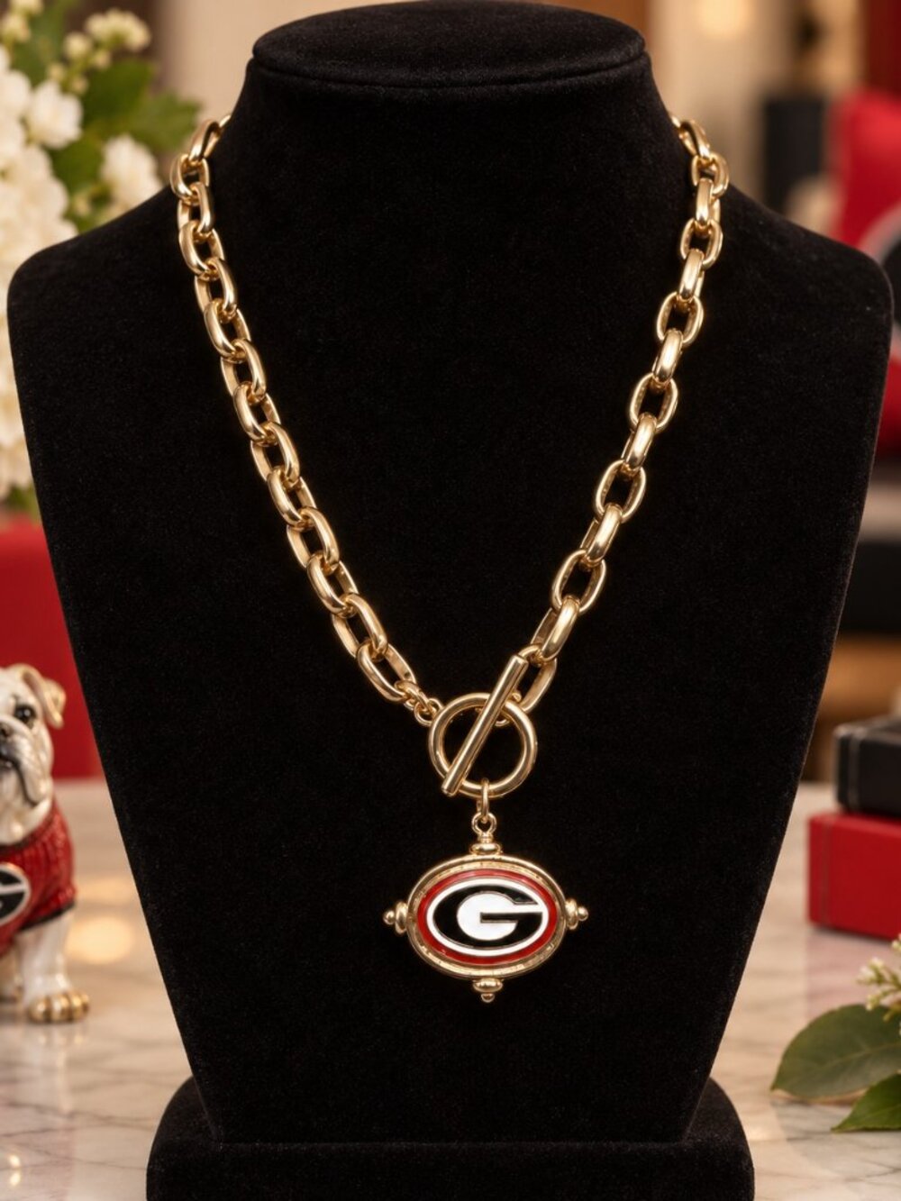 Georgia Bulldogs Necklace, Gold Toggle Gameday Necklace, Red Black UGA Jewelry,